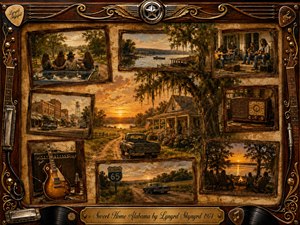 A nostalgic Southern collage surrounds a golden Alabama sunset, with a weathered farmhouse, vintage truck, country roads, lakeside gatherings, guitars, radios, and small-town scenes. Warm amber, brown, and cream tones glow beneath soft evening light. Detailed oil-paint textures, rosewood framing, gold inlay, and musical ornaments create a heartfelt Americana atmosphere.