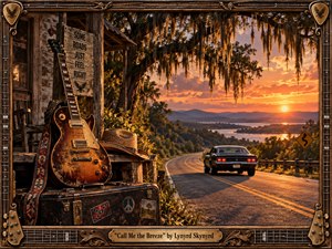 A weathered guitar rests beside a rustic Southern porch as a vintage car follows a winding highway toward a fiery sunset. Golden light, moss-draped trees, distant water, and hazy hills create a free-spirited, nostalgic mood. Rich wood, worn metal, musical details, and an ornate handcrafted frame reinforce the warm Americana character.