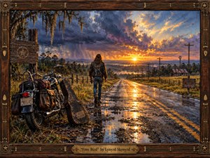 A lone traveler walks down a rain-slicked Southern highway toward a blazing sunset, leaving a weathered motorcycle and guitar case behind. Golden reflections cut through deep blue and violet storm clouds, creating a bittersweet, liberated mood. Rich oil-and-encaustic textures and a dark guitar-inspired wooden frame give the scene handcrafted warmth.
