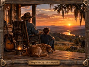 A father and son share a quiet porch at sunset, overlooking rolling mountains and a winding river. Warm amber light, weathered wood, an acoustic guitar, lantern, and resting dog create a reflective Southern atmosphere. Photorealistic detail, rustic textures, carved musical framing, and the engraved title plate reinforce themes of simplicity, guidance, and enduring values.