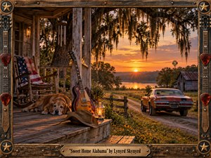 A weathered Southern porch overlooks a winding country road, glowing river, barn, and moss-draped oaks at sunset. Warm amber light bathes a resting dog, vintage guitar, cowboy hat, lantern, rocking chair, and classic red car. Photorealistic detail, rustic textures, and a carved musical frame create nostalgic, spirited Americana.