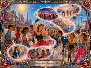 A radiant 1980s-inspired celebration fills a sunlit city boardwalk, where exuberant dancers move through confetti, neon accents, and sparkling holiday visions. Feathered bubbles sweep in an S-curve toward beach and nightlife scenes. Saturated turquoise, coral, gold, and magenta glow within a lavish chrome-and-gold musical frame.