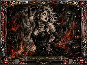 A fierce 1980s pop performer poses amid swirling charcoal smoke, flames, speakers, sound waves, and a stage microphone, radiating passion and urgency. Deep blacks and grays contrast with fiery reds, orange embers, chrome, and gold. An ornate rock-inspired frame of lips, stars, strings, and metallic details surrounds the dramatic composition.