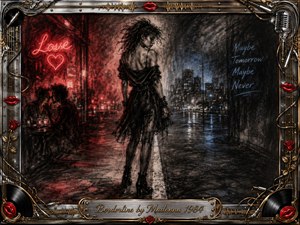 A solitary woman stands on a rain-darkened city street, poised between glowing red romance and cool blue uncertainty. Deep feathered charcoal textures create a smoky, dramatic mood, while neon light, wet reflections, and shadowy figures intensify the emotional divide. An ornate chrome-and-gold musical frame surrounds the scene with roses, lips, records, cables, and engraved title plate.