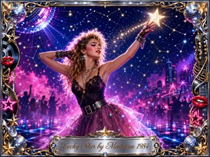 A glamorous dancer reaches toward a radiant star beneath a sparkling midnight sky, surrounded by neon city lights, disco balls, and cheering silhouettes. Electric pink, violet, blue, chrome, and gold create an exuberant 1980s atmosphere. The detailed digital painting blends romantic fantasy with nightclub energy, framed by ornate musical motifs and glowing accents.