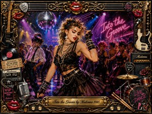 A glamorous dancer commands a crowded 1980s nightclub beneath a sparkling disco ball, surrounded by neon pink, violet, blue, and gold light. Richly detailed retro pop-art styling blends fashion, music, and nightlife energy, while an ornate instrument-filled frame, red lips, records, microphones, drums, and a gold title plate complete the exuberant composition.