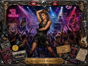A glamorous 1980s concert scene captures Madonna dancing at center stage amid cheering crowds, electric guitars, drums, neon signs, and swirling colored lights. Deep reds, blues, purples, chrome, and gold create an energetic nightclub atmosphere, while the ornate memorabilia-filled frame and engraved title plate give the richly detailed digital artwork a collectible poster quality.