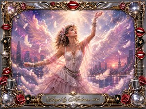 A radiant woman in lace and flowing pink tulle reaches toward heavenly light above a glowing twilight skyline. Feathers, sparkling clouds, and luminous wings create a romantic, euphoric mood. Soft pink, lavender, blue, silver, and gold tones surround her, framed by ornate chrome, roses, red lips, microphones, stars, and disco balls.