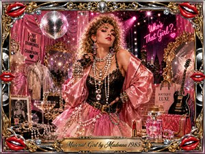 A glamorous woman poses confidently in a lavish 1980s boutique filled with pearls, jewelry, perfume, champagne, mirrors, and musical details. Hot pink, gold, chrome, and black dominate the sparkling composition. Dramatic stage lighting, disco reflections, ornate red lips, and a luxurious engraved frame create a playful, extravagant digital-painting atmosphere.