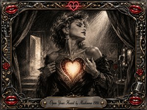 A glamorous woman poses in a shadowy theatrical room, revealing a glowing heart framed by ornate filigree. Deep charcoal textures, smoky blacks, warm gold light, and vivid red accents create a romantic, dramatic mood. Curtains, a microphone, doorway light, roses, musical motifs, and an elaborate chrome-and-gold frame enrich the composition.