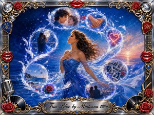 A radiant woman in a flowing true-blue gown stands amid a dreamlike ocean-and-sky landscape, encircled by glowing feathered bubbles containing romantic memories. Deep blues, silver, red, and gold create a hopeful, nostalgic mood. Soft luminous lighting, ornate chrome-and-gold framing, roses, lips, records, and musical details give the scene polished 1980s fantasy glamour.
