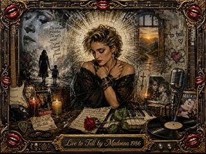 A sorrowful blonde woman sits at the center of a dark, ornate music shrine, framed by guitars, candles, roses, records, photographs, and a vintage microphone. Black, charcoal, crimson, and antique gold dominate the richly textured collage, while glowing candlelight and a radiant halo create a haunting, intimate mood of memory, confession, and resilience.