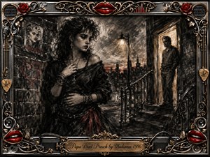 A young woman stands tensely on a shadowed city stoop, caught between vulnerability and determination as a concerned father figure watches from a glowing doorway. Deep feathered charcoal textures, smoky blacks, silvery grays, muted gold, and crimson accents create a dramatic 1980s mood, framed by ornate chrome, roses, red lips, musical details, and an engraved title plate.