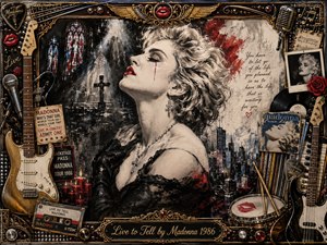 A dramatic portrait of Madonna rises from a dark, cathedral-like collage, her platinum hair, red lips, black lace, and tear-streaked face conveying secrecy and sorrow. Stained glass, candles, city lights, guitars, records, roses, and memorabilia surround her, framed by ornate gold-and-chrome details with moody, theatrical illumination.