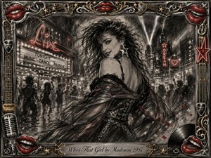 A mysterious woman turns toward the viewer amid a lively neon-lit city night, surrounded by dancing silhouettes, marquees, spotlights, and drifting confetti. Deep feathered charcoal textures create smoky movement, accented by vivid red and metallic gold. An ornate music-themed frame of lips, strings, stars, and records completes the glamorous 1980s atmosphere.