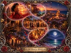 A romantic island dream unfolds through glowing S-curved vignettes of a woman in red, guitar music, plaza dancing, candlelight, colonial streets, and a moonlit shore. Rich reds, golds, turquoise, and deep blues glow beneath cinematic sunset and lantern light, framed by ornate roses, chrome, gold filigree, and musical details.