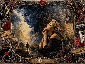 A dramatic mixed-media portrait shows Madonna in reflective prayer beneath the looming, shadowed face of a father figure, surrounded by stormy blues, charcoal blacks, warm gold, and sepia memories. Ornate gilded framing, guitars, records, microphones, roses, tickets, and vintage music memorabilia create a theatrical, melancholic atmosphere illuminated by soft, emotional light.