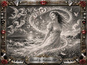 A dreamy charcoal seaside scene shows a graceful woman in a flowing dress surrounded by cherubs, doves, hearts, feathers, and shimmering bubbles sweeping in an S-curve. Soft grayscale textures meet subtle red, gold, and silver accents, while ocean light glows gently. An ornate music-themed frame and engraved title plate complete the romantic composition.
