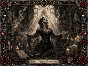 A woman stands with arms outstretched in a shadowy candlelit chapel, illuminated by radiant beams through stained glass. Deep feathered charcoal textures create a solemn, passionate mood, accented by crimson roses, red lips, gold filigree, microphones, guitar details, drifting musical notes, and an ornate devotional rock-inspired frame.