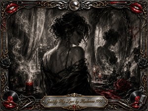 A shadowed woman stands in a smoky, candlelit interior, her reflection dissolving into an ornate mirror as crimson roses and fabric punctuate the charcoal-gray scene. Feathered charcoal textures, dramatic chiaroscuro, and soft haze create sensual mystery, while an elaborate chrome-and-gold musical frame with red lips, records, cables, and microphone details completes the composition.