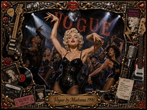 A glamorous blonde performer strikes an elegant dance pose at center stage, surrounded by stylish dancers beneath smoky spotlights and a glittering disco ball. Rich blacks, golds, reds, and chrome create a dramatic nightclub mood. An ornate memorabilia frame features guitars, records, roses, microphones, tickets, and a polished engraved title plate.