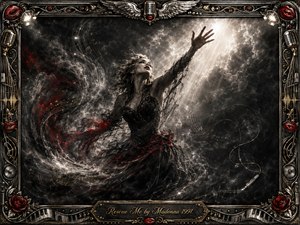 A dramatic woman reaches toward a radiant break in storm clouds as swirling charcoal smoke, red fabric, and musical lines sweep around her in an S-shaped motion. Deep blacks, silver grays, crimson accents, and warm gold create a passionate, urgent mood. An ornate music-themed frame and engraved title plate complete the theatrical composition.