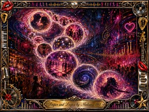 A lush surreal nightclub dreamscape unfolds through glowing feathered bubbles arranged in a sweeping S-curve, revealing dancers, intimate silhouettes, mirrored disco balls, and spiraling depth. Crimson, magenta, violet, blue, and gold shimmer under neon light, framed by ornate chrome-and-gold musical motifs, red lips, records, speakers, and an engraved title plate.