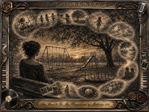 A solitary woman gazes across an empty playground at dusk, surrounded by ghostlike childhood memories curling through the scene in a soft S-shaped flow. Deep charcoal textures, smoky sepia tones, and warm sunset light create a wistful mood, while swings, photographs, flowers, musical motifs, and an ornate metallic frame enrich the nostalgic composition.