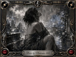 A solitary woman sits in gentle rain above a shimmering nighttime city, her head tilted upward in quiet surrender. Deep feathered charcoal textures, smoky grays, silver highlights, and cool blue tones create a sensual, reflective mood. An ornate chrome-and-gold musical frame, red lips, microphones, records, and engraved title plate complete the composition.