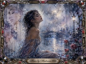 A serene woman with rain-soaked dark hair sits beside a reflective city waterway, surrounded by mist, glowing lamps, distant bridges, and wet red roses. Cool blues, silvers, lavender, and soft pinks create a romantic, contemplative mood. Painterly watercolor textures, shimmering rain, and an ornate music-inspired metallic frame complete the dreamlike composition.