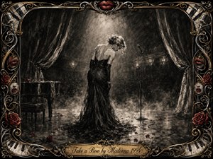 A solitary woman bows beneath a fading spotlight on a shadowy theater stage, surrounded by velvet curtains, drifting haze, rose petals, a piano, and microphone. Deep feathered charcoal textures create a bittersweet, theatrical mood, while muted reds and ornate gold framing add romantic drama and elegant farewell symbolism.