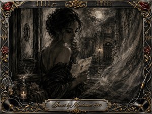 A solitary woman studies a mysterious letter in a moonlit, old-world courtyard, surrounded by drifting curtains, shadowed stonework, roses, and soft lamplight. Deep charcoal textures and smoky sepia tones create an intimate, secretive mood. An ornate chrome-and-gold musical frame with red lips, records, cables, and engraved title plate completes the composition.