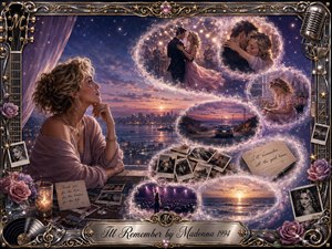 A reflective blonde woman gazes across a twilight waterfront as glowing, feathered memory bubbles sweep through the scene in a graceful S-curve, revealing romance, childhood, travel, photographs, music, and sunrise. Mauve, violet, silver, and gold tones glow softly within a richly detailed digital painting framed by ornate musical filigree and roses.
