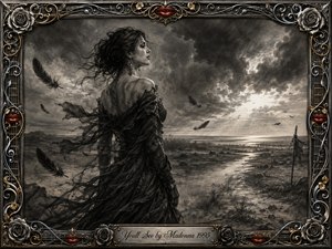 A windswept woman stands against a storm-darkened shoreline, her torn black dress and loose hair streaming dramatically as feathers drift through the air. Deep charcoal textures, silvery grays, and pale horizon light create a melancholic yet resilient mood. An ornate chrome-and-gold musical frame with roses, red lips, and engraved title plate completes the gothic composition.