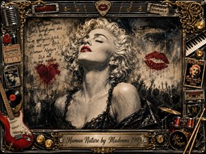 A platinum-blonde woman with closed eyes and vivid red lips dominates a smoky, distressed concert-poster setting. Warm gold, chrome, black, and crimson tones create a rebellious mood. Ornate framing surrounds guitars, records, microphones, tickets, drums, graffiti, and lipstick marks, while dramatic lighting emphasizes the textured mixed-media style.