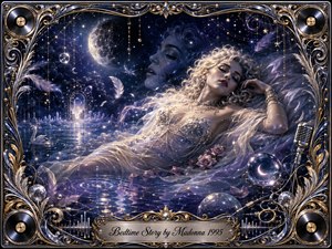 A luminous woman reclines amid silken drapery in a surreal moonlit dreamscape of rippling water, stars, feathers, roses, and glowing celestial orbs. Deep indigo, violet, silver, and ivory tones create a hypnotic, tranquil mood. Ornate chrome-and-gold musical framing, vinyl motifs, and a vintage microphone complete the lavish fantasy composition.