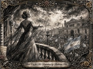 A poised woman stands on a grand balcony above a vast Argentine crowd, surrounded by historic architecture and sweeping flags. Deep charcoal textures, muted blue, sepia, and gold create a solemn, theatrical mood. Dramatic light breaks through stormy clouds, while roses, musical motifs, ornate filigree, and an engraved title plate frame the scene.