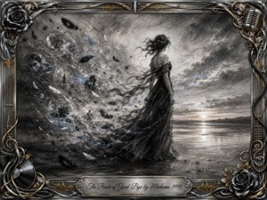 A solitary woman in a flowing black dress stands beside a reflective shoreline beneath a turbulent twilight sky. Windswept feathers, fading memories, clocks, and roses spiral behind her in a graceful S-curve. Deep charcoal textures, silver-blue highlights, and soft horizon light create a mournful yet liberating mood within an ornate chrome-and-gold musical frame.