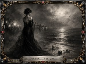 A solitary woman in a flowing black gown stands beside a moonlit, misty sea, facing distant city lights and fading camera flashes. Deep feathered charcoal textures create a mournful, reflective mood, while silver-gray highlights shimmer across the water. An ornate gold-and-chrome musical frame surrounds the scene, accented by red lips, strings, cables, a crown, and a fallen rose.