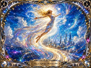 A radiant woman rises above a futuristic city, swept upward by spiraling ribbons of golden-white light beneath a brilliant blue celestial sky. The euphoric digital painting glows with sapphire, turquoise, silver, gold, and magenta highlights, framed by ornate chrome, musical motifs, stars, piano keys, records, and a polished engraved title plate.