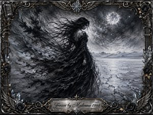 A solitary dark-clad woman stands in a windswept frozen wasteland beneath a glowing moon, her flowing hair and feathered garments dissolving into smoky charcoal shadows. Silvery grays, black, and icy blue tones create a haunting, melancholic mood, framed by ornate gothic metalwork, roses, crystals, wings, musical details, and an engraved title plate.