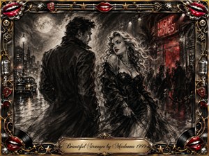 A glamorous woman and mysterious man exchange an intense glance on a rain-slicked, moonlit city street outside a glowing nightclub. Deep charcoal textures, smoky blacks, silvery grays, crimson highlights, and warm gold accents create seductive noir drama. An ornate chrome-and-gold frame features red lips, microphones, guitar picks, stars, records, and engraved title plate.