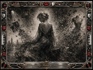 A solitary woman in flowing charcoal drapery sits amid a dissolving dreamscape of fragmented glamour, distant city forms, jewelry, and drifting debris. Smoky grayscale textures, feathered shadows, crimson accents, and soft spotlighting create a reflective, melancholic mood. An ornate chrome-and-gold music-themed frame surrounds the surreal composition.