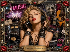 A glamorous blonde woman wearing headphones fills the center of a richly layered music collage, surrounded by guitars, drums, vinyl records, microphones, mixing equipment, concert crowds, and neon signs. Warm gold, black, crimson, and pink tones glow under dramatic stage lighting, while an ornate metallic frame adds luxurious pop-rock theatricality.