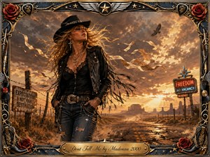 A confident cowgirl-inspired woman stands beside a lonely desert highway at sunset, her windblown hair and dark fringed clothing conveying independence and defiance. Warm gold, rust, denim blue, and chrome tones glow beneath dramatic clouds. An ornate western-rock frame of roses, stars, vinyl, boots, and metallic filigree completes the cinematic digital painting.