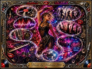 A glamorous dancer commands a neon nightclub collage filled with vinyl records, microphones, keyboards, drums, disco lights, and cheering silhouettes. Magenta, electric blue, crimson, gold, and chrome shimmer beneath sparkling stage illumination. Feathered bubbles sweep through the composition in an S-curve, while an ornate musical frame and engraved title plate complete the exuberant pop-art design.