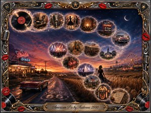 A nostalgic digital painting follows a glowing S-curve of feathered memory bubbles across an Americana twilight landscape, linking vinyl records, microphones, concerts, radios, classic cars, a diner, church, carnival, and jukebox. Warm amber, crimson, silver, and midnight blue lighting create a reflective mood, enclosed by an ornate chrome-and-gold musical frame.