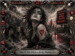 A defiant young woman stands against a smoky urban night, surrounded by shadowed female faces and a glowing red billboard of social expectations. Deep charcoal textures, windblown hair, wet streets, and crimson reflections create a tense, rebellious mood. Ornate chrome-and-gold musical framing, red lips, records, cables, and engraved titlework complete the dramatic composition.