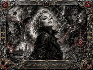 A defiant woman stands amid shattered glass, smoke, lasers, and shadowy spy imagery, projecting resilience and danger. Deep charcoal textures dominate the scene, accented by silver, gold, black, and vivid red. Dramatic lighting highlights her face, while barbed wire, targets, city silhouettes, and an ornate metallic music-themed frame intensify the cinematic mood.