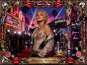 A glamorous blonde pop star stands on a neon-lit Hollywood boulevard amid paparazzi flashes, palm trees, marquees, and mirrored illusions. Hot pink, crimson, gold, chrome, and midnight blue create a seductive cinematic glow. The lavish mixed-media collage blends celebrity glamour with satire, framed by red lips, records, microphones, stars, and ornate metallic detailing.